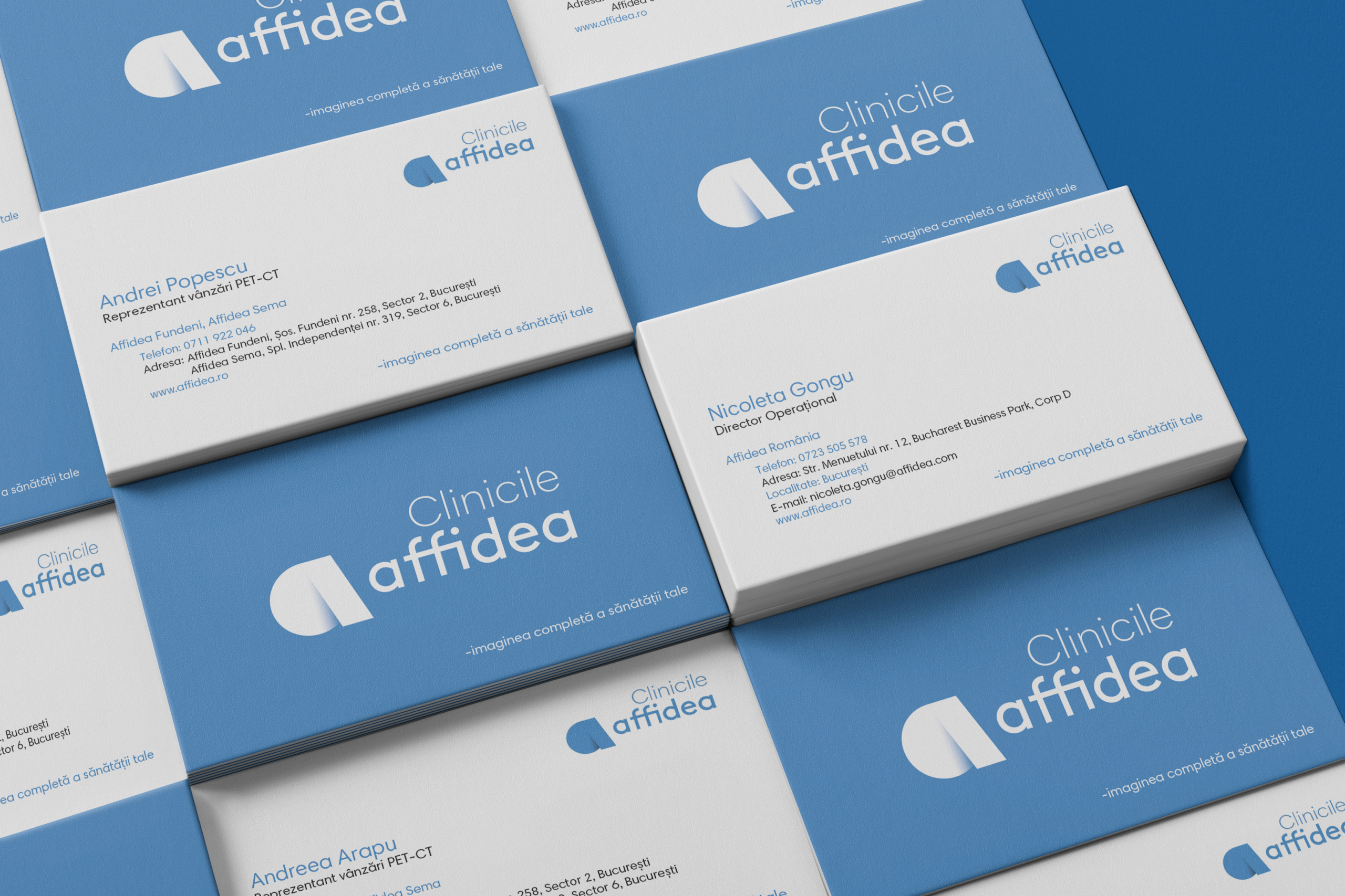 Cărți de vizită Affidea realizate în identitatea vizuală corporate