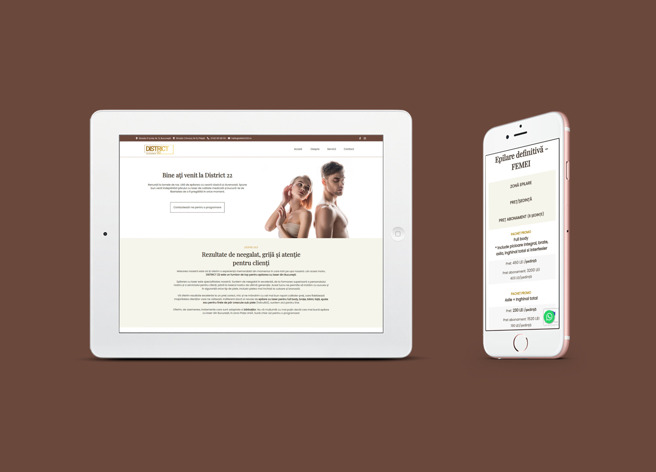 Website responsive District 22 prezentat pe tabletă și telefon