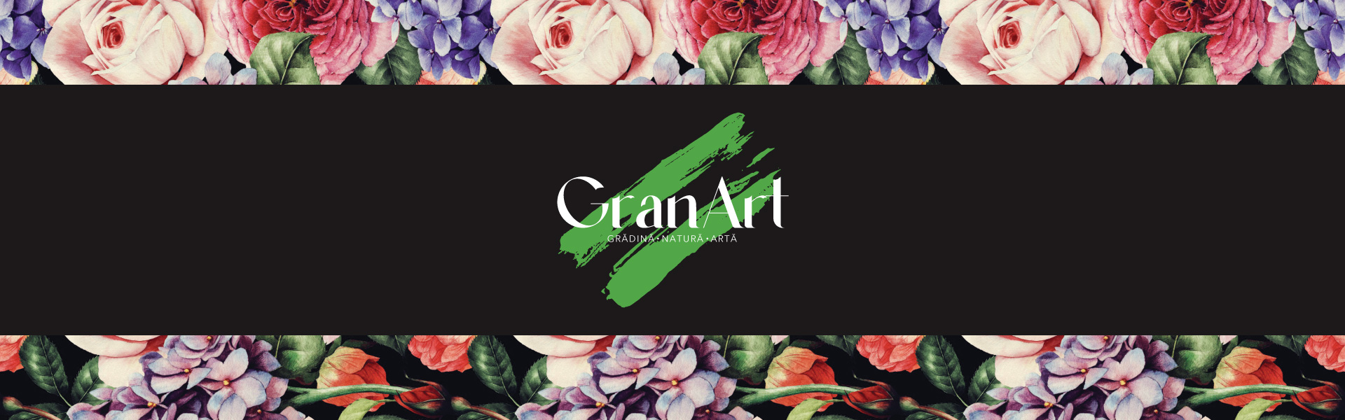 Banner floral GranArt cu logo-ul și identitatea vizuală a brandului