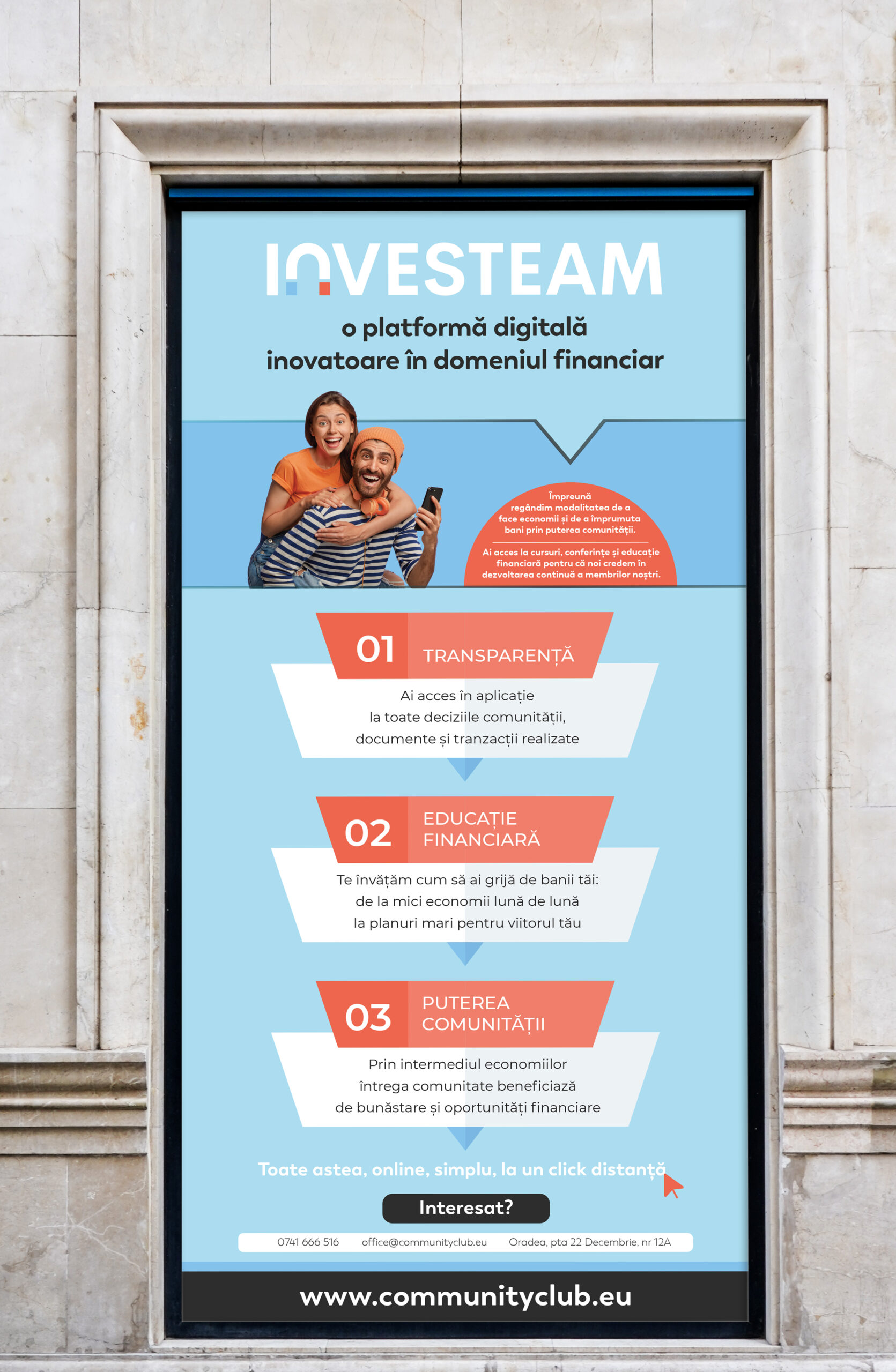 Afiș publicitar vertical Investeam pentru promovarea platformei digitale financiare