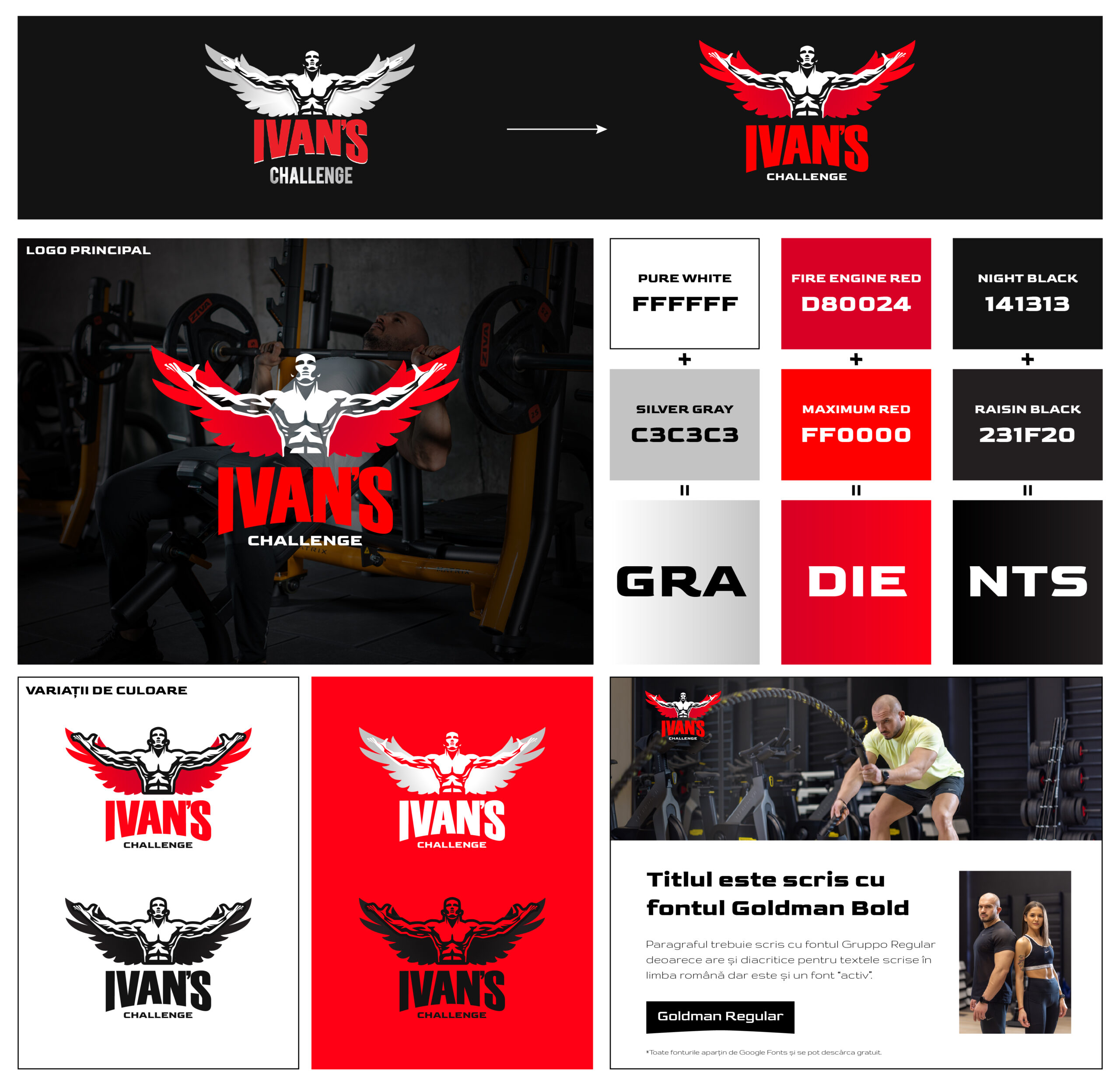 Prezentare identitate vizuală Ivan’s Challenge cu logo, paletă cromatică și reguli de brand