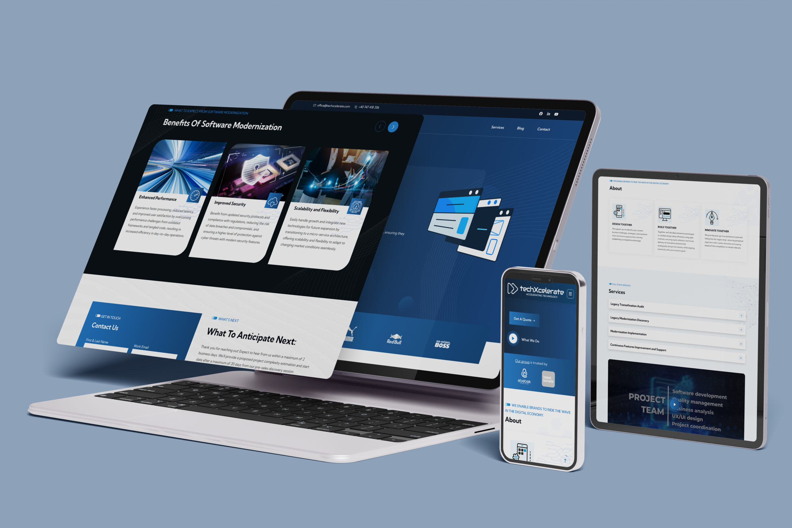 Prezentare responsive a website-ului Techxcelerate pe desktop, tabletă și mobil