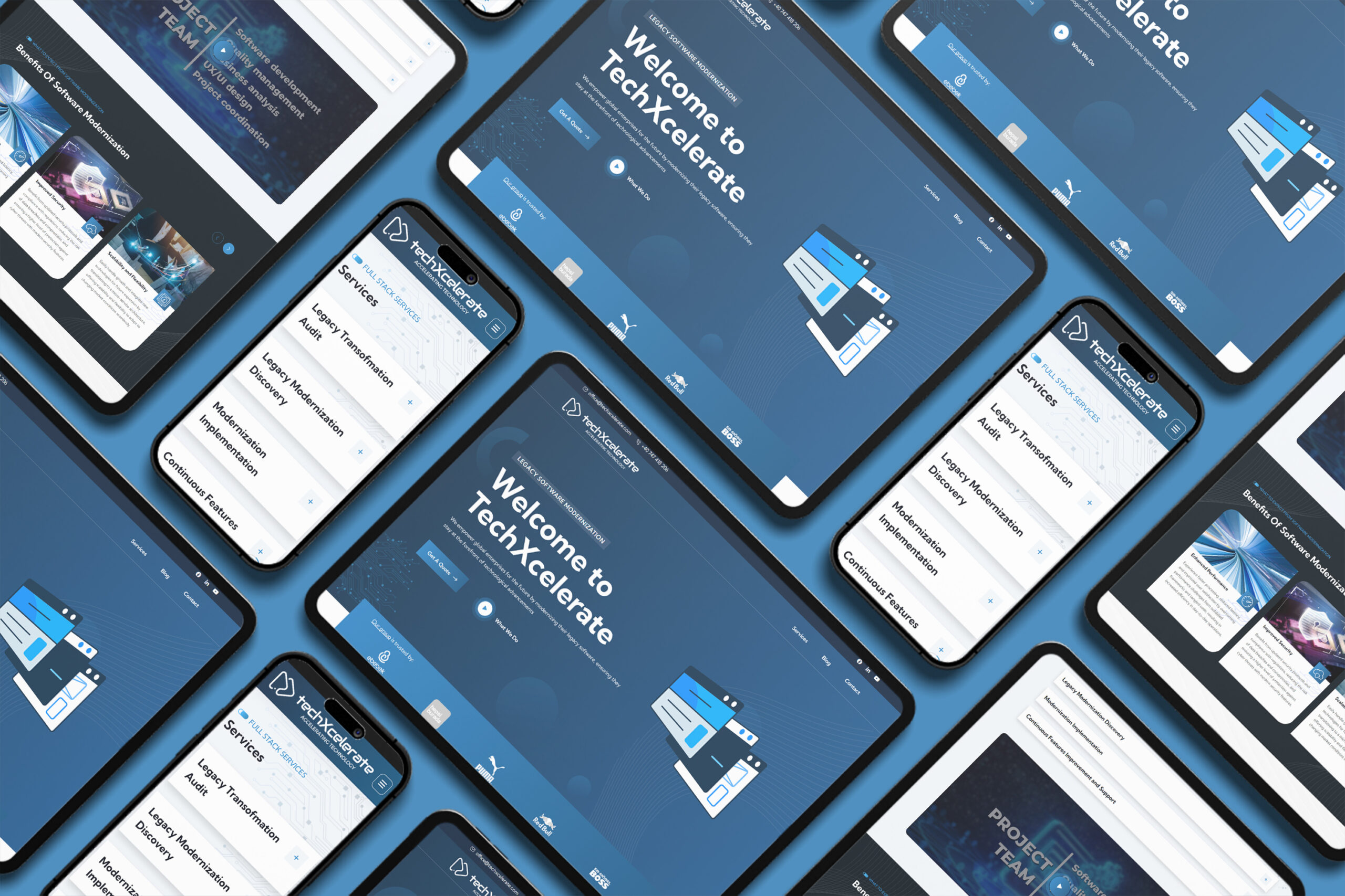Website-ul Techxcelerate afișat pe mai multe dispozitive într-un mockup responsive