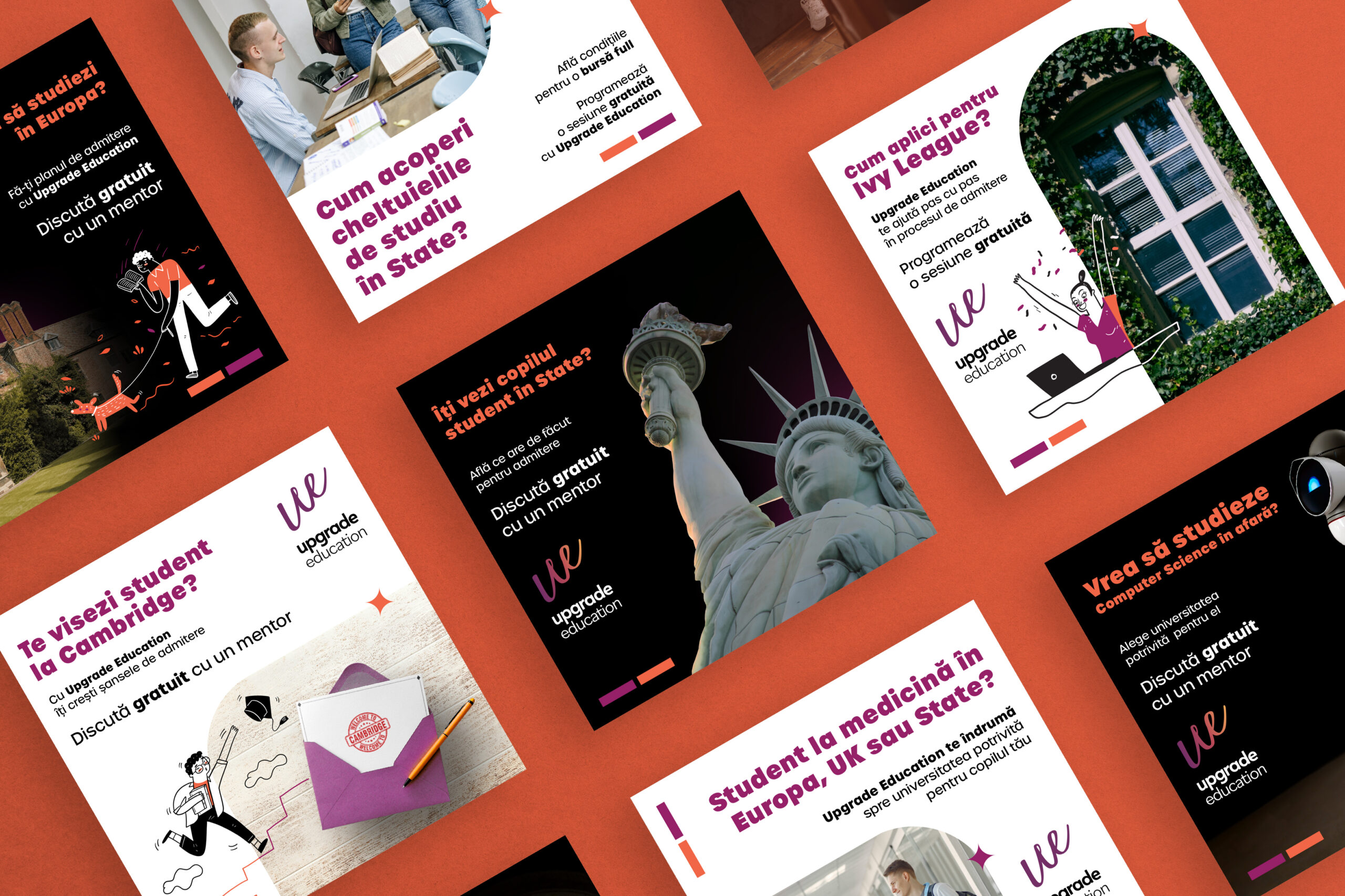 Bannere publicitare Upgrade Education pentru promovarea studiilor universitare în străinătate