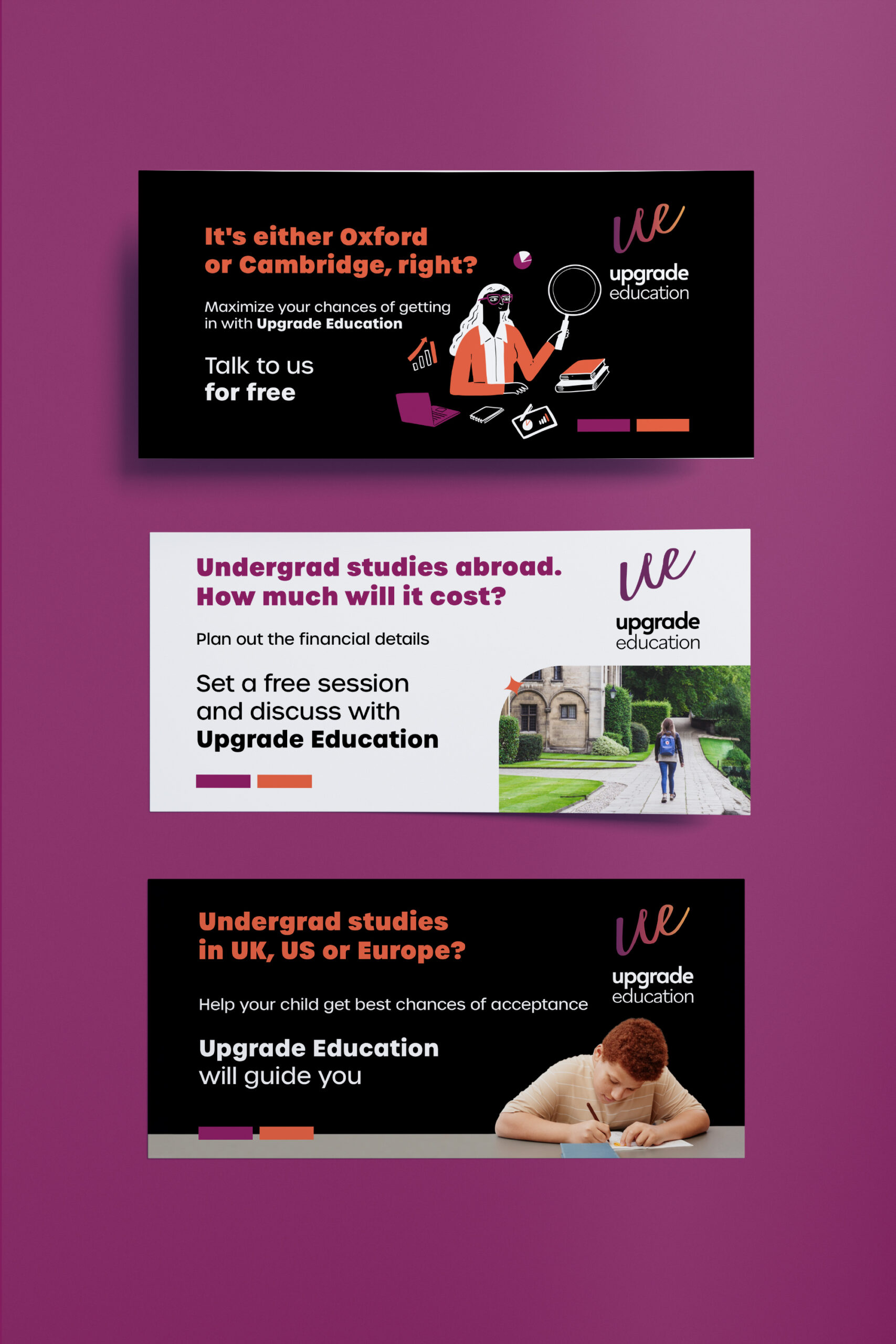 Mockup LinkedIn Upgrade Education cu materiale pentru admiterea la universități internaționale