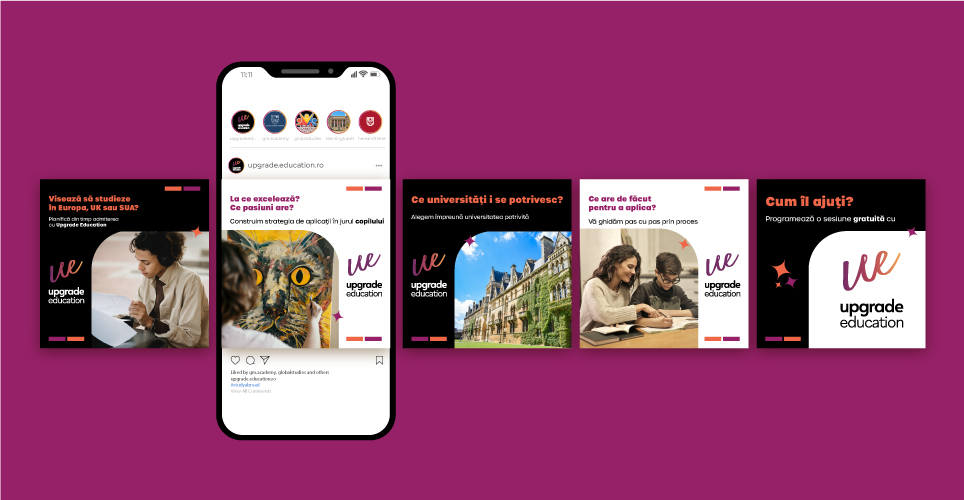 Materiale social media Upgrade Education pentru admiterea la universități din străinătate